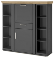 Frontansicht eines modernen Highboards mit Karussell, graue Farbe mit Holzplatte, offene Regale an den Seiten.