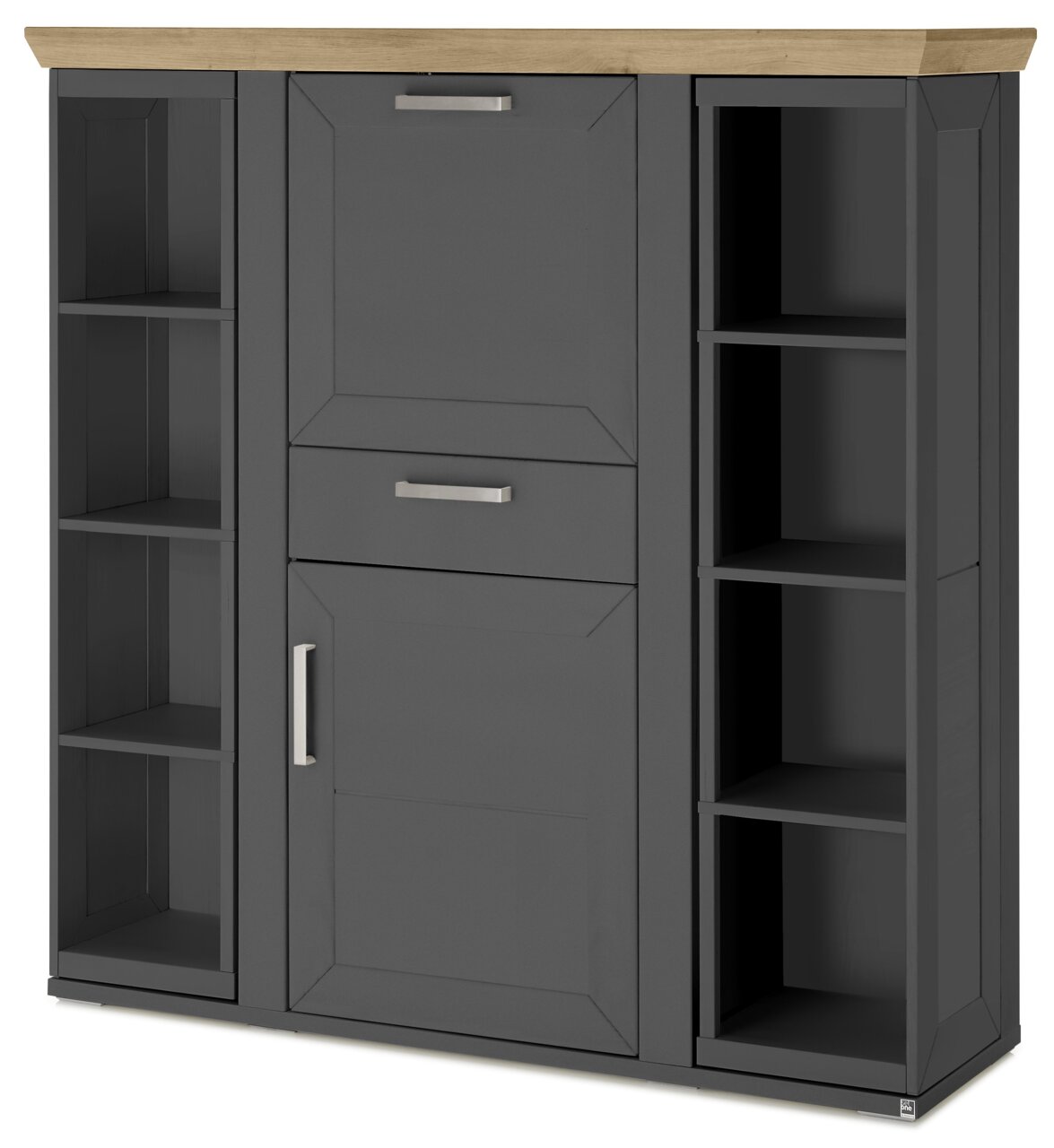 Frontansicht eines modernen Highboards mit Karussell, graue Farbe mit Holzplatte, offene Regale an den Seiten.