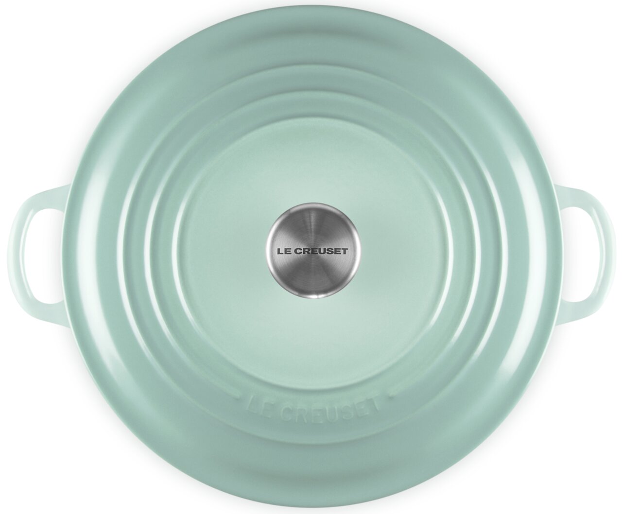 LE CREUSET Bräter 28cm rund SAGE Runder Le Creuset Bräter/Topf mit Deckel in Mintgrün, mit zwei seitlichen Griffen und Metallknauf, Draufsicht von oben auf weißem Hintergrund