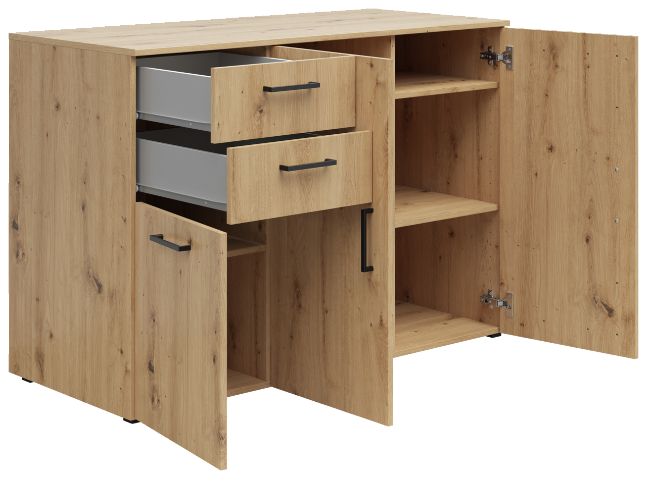 Kommode aus Holz mit zwei offenen Schubladen und zwei geöffneten Türen, Perspektive von vorne links