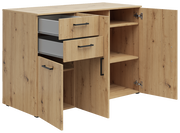 Kommode aus Holz mit zwei offenen Schubladen und zwei geöffneten Türen, Perspektive von vorne links