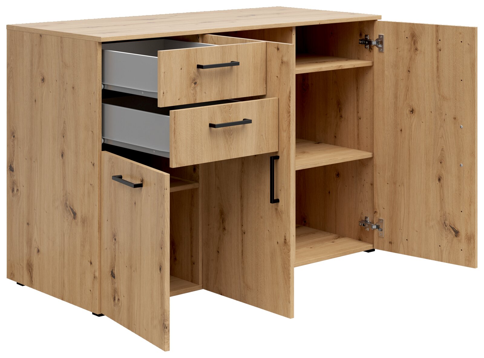 Kommode aus Holz mit zwei offenen Schubladen und zwei geöffneten Türen, Perspektive von vorne links