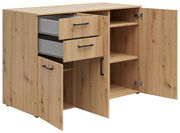 Kommode aus Holz mit zwei offenen Schubladen und zwei geöffneten Türen, Perspektive von vorne links