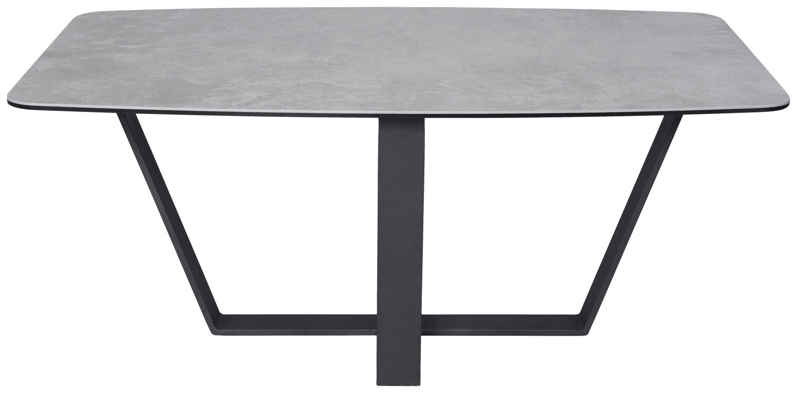 Moderner Couchtisch mit rechteckiger grauer Tischplatte und schwarzem Metallgestell, Frontalansicht.