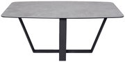 Moderner Couchtisch mit rechteckiger grauer Tischplatte und schwarzem Metallgestell, Frontalansicht.