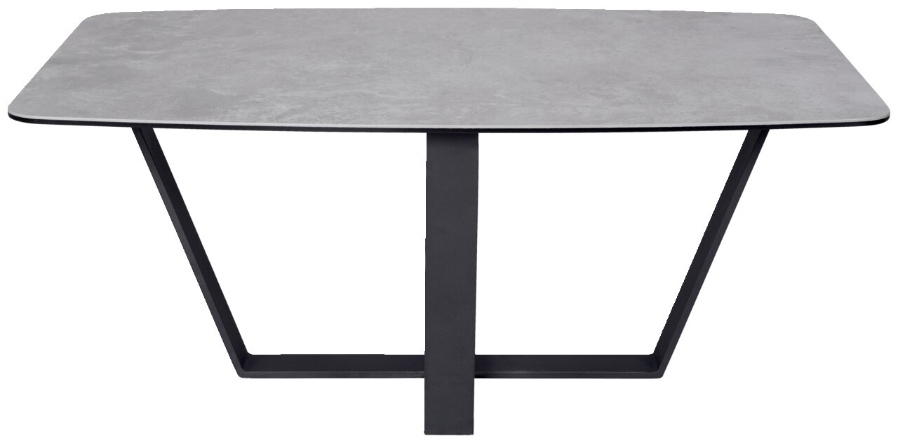 Moderner Couchtisch mit rechteckiger grauer Tischplatte und schwarzem Metallgestell, Frontalansicht.