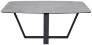 Moderner Couchtisch mit rechteckiger grauer Tischplatte und schwarzem Metallgestell, Frontalansicht.