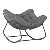 Grauer Schaukelsessel mit gepolstertem Sitz und Metallrahmen, seitliche Perspektive