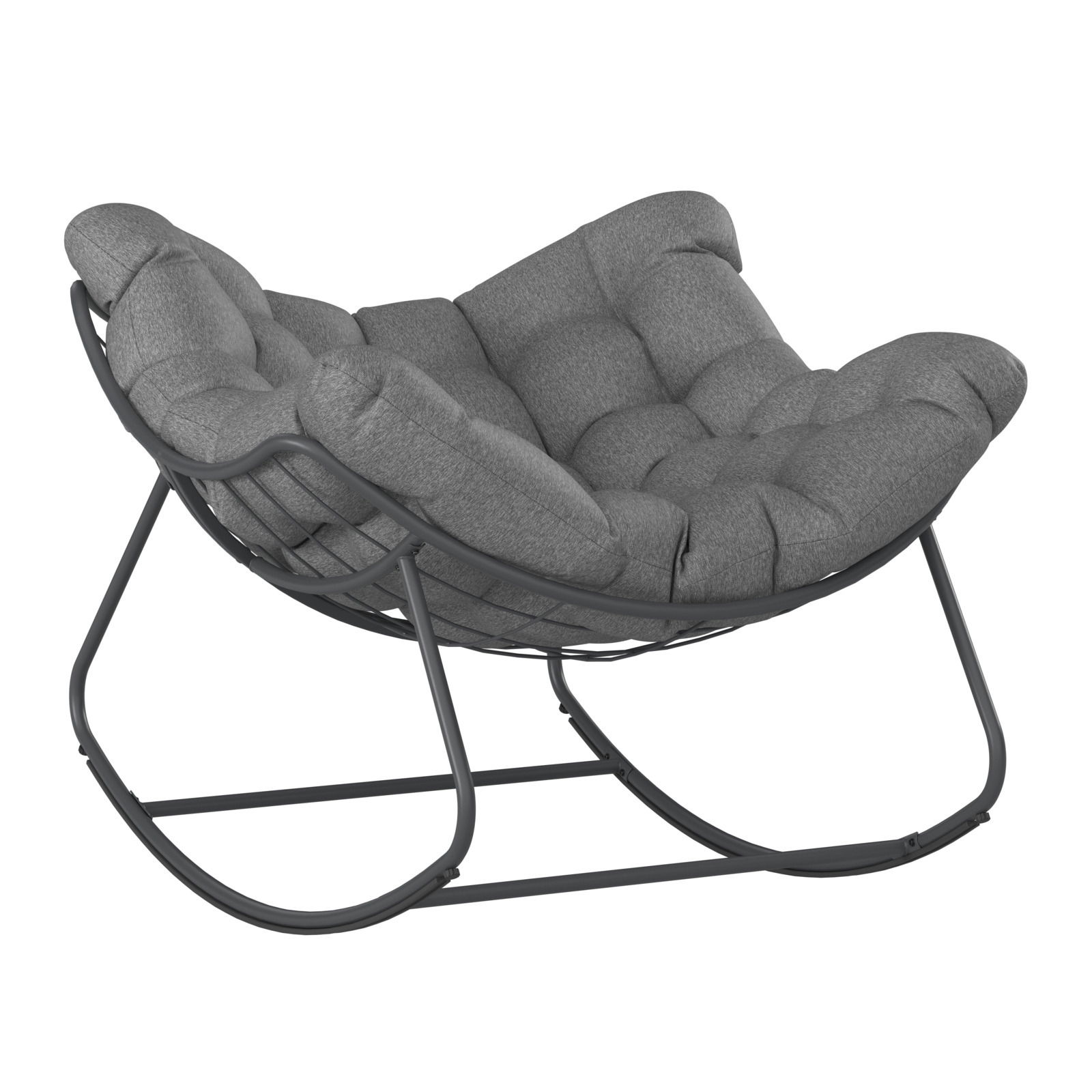 Grauer Schaukelsessel mit gepolstertem Sitz und Metallrahmen, seitliche Perspektive