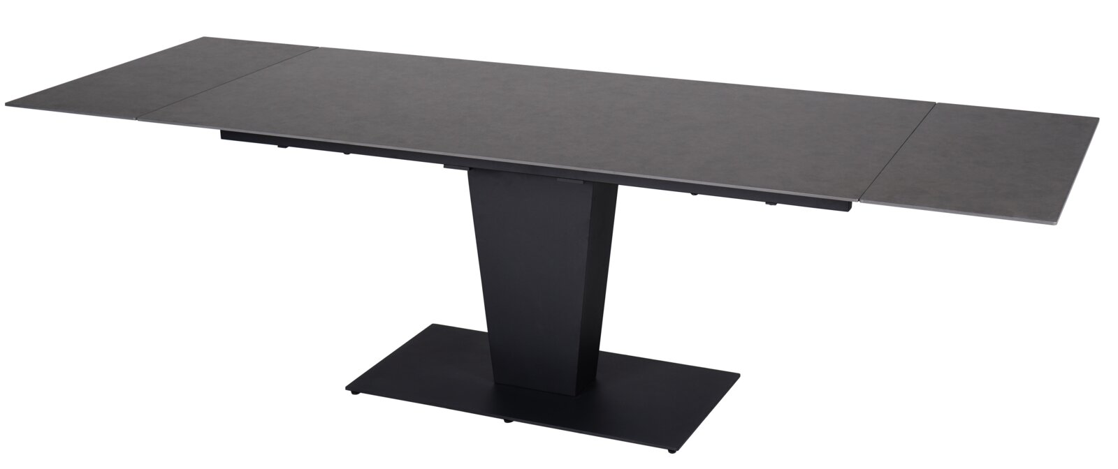 Moderne eettafel met een rechthoekig, donker tafelblad en een centrale poot, gezien vanaf de zijkant