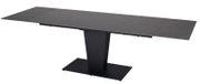 Moderne eettafel met een rechthoekig, donker tafelblad en een centrale poot, gezien vanaf de zijkant