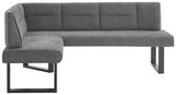 Graue Eckbank mit modernem Design, Metallbeinen und gepolsterten Sitzflächen, seitliche Perspektive.