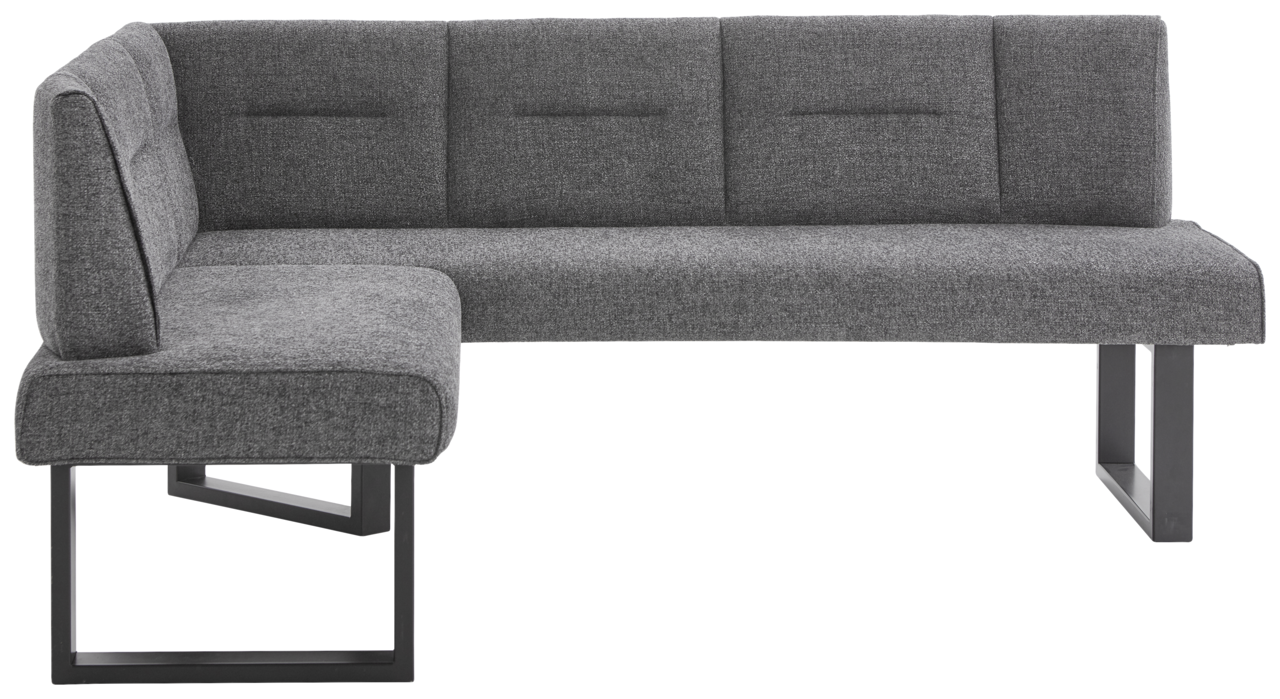 Graue Eckbank mit modernem Design, Metallbeinen und gepolsterten Sitzflächen, seitliche Perspektive.