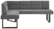 Graue Eckbank mit modernem Design, Metallbeinen und gepolsterten Sitzflächen, seitliche Perspektive.