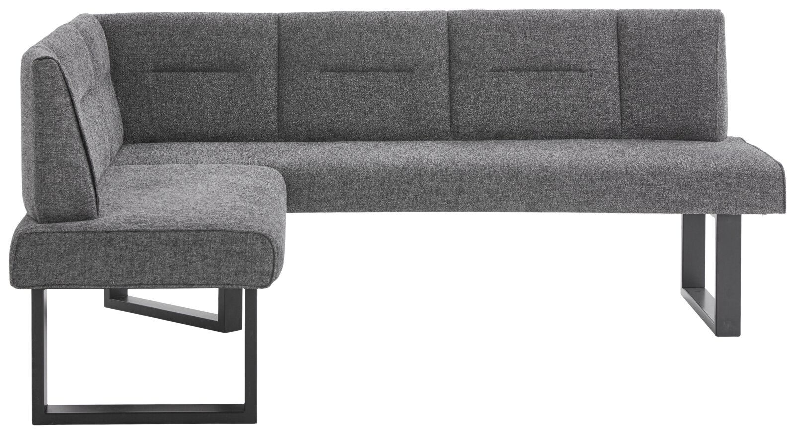 Graue Eckbank mit modernem Design, Metallbeinen und gepolsterten Sitzflächen, seitliche Perspektive.