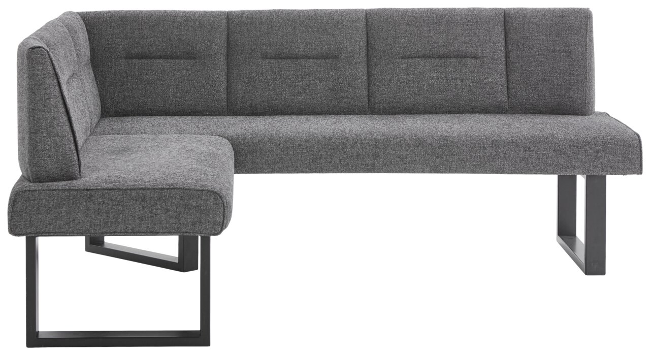 Graue Eckbank mit modernem Design, Metallbeinen und gepolsterten Sitzflächen, seitliche Perspektive.