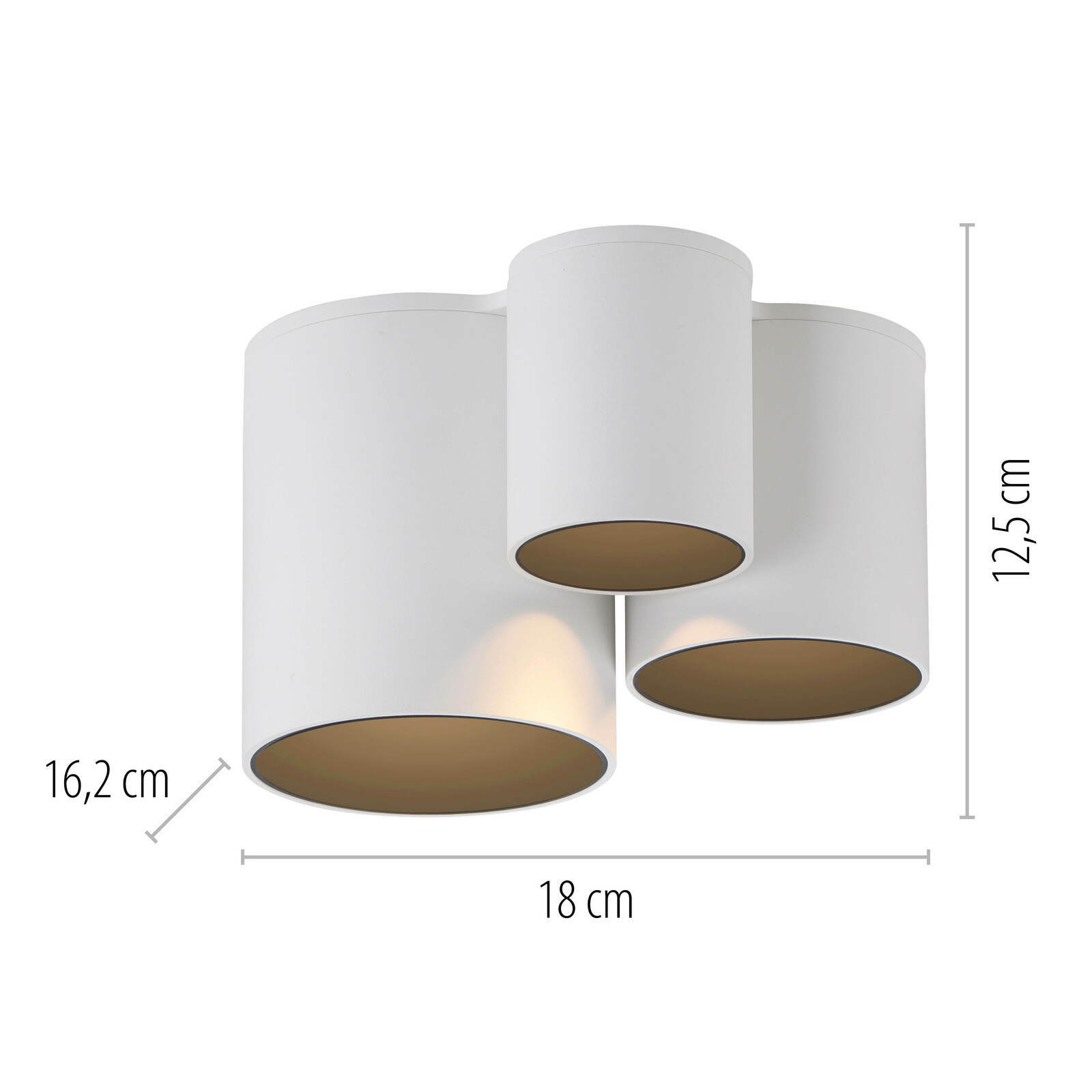 Moderne LED-Deckenleuchte mit drei zylindrischen Lampenschirmen in Weiß, seitliche Perspektive