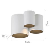 Moderne LED-Deckenleuchte mit drei zylindrischen Lampenschirmen in Weiß, seitliche Perspektive