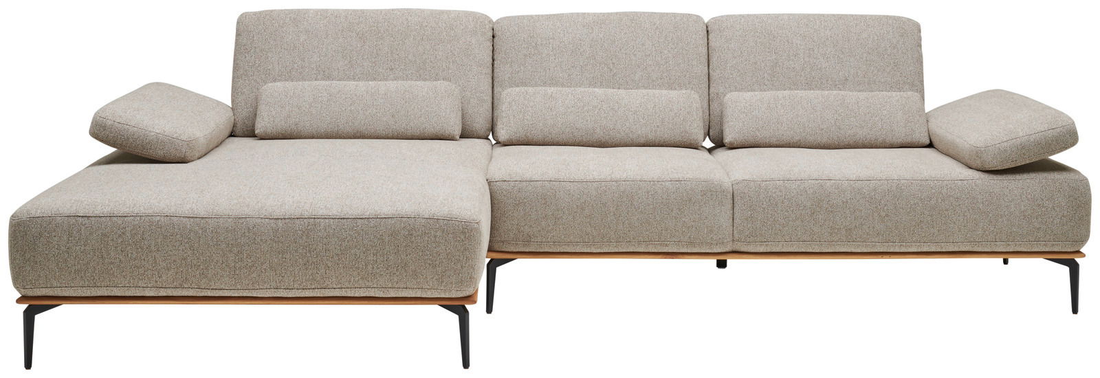 Frontale Ansicht einer modernen, grauen Longchairkombination mit drei Sitzplätzen und einem Longchair auf der linken Seite.