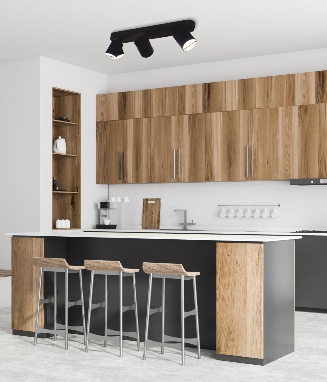 Moderne led-spot in een stijlvolle keuken, gezien vanaf het plafond