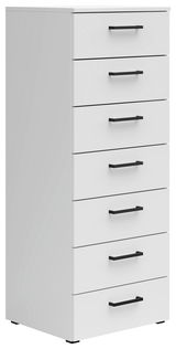 Weiße Kommode mit sieben Schubladen und schwarzen Griffen, seitliche Perspektive