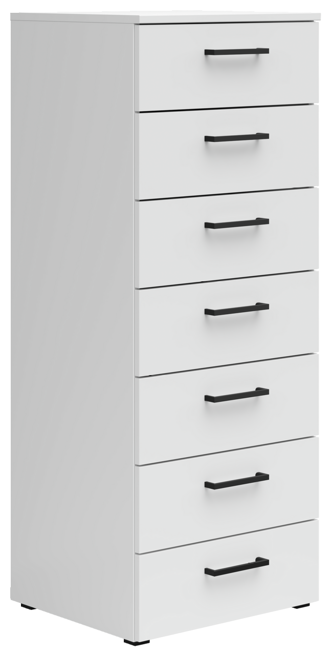 Carryhome Kommode MULTISTAURAUM Weiße Kommode mit sieben Schubladen und schwarzen Griffen, seitliche Perspektive