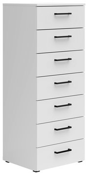 Weiße Kommode mit sieben Schubladen und schwarzen Griffen, seitliche Perspektive