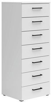 Weiße Kommode mit sieben Schubladen und schwarzen Griffen, seitliche Perspektive