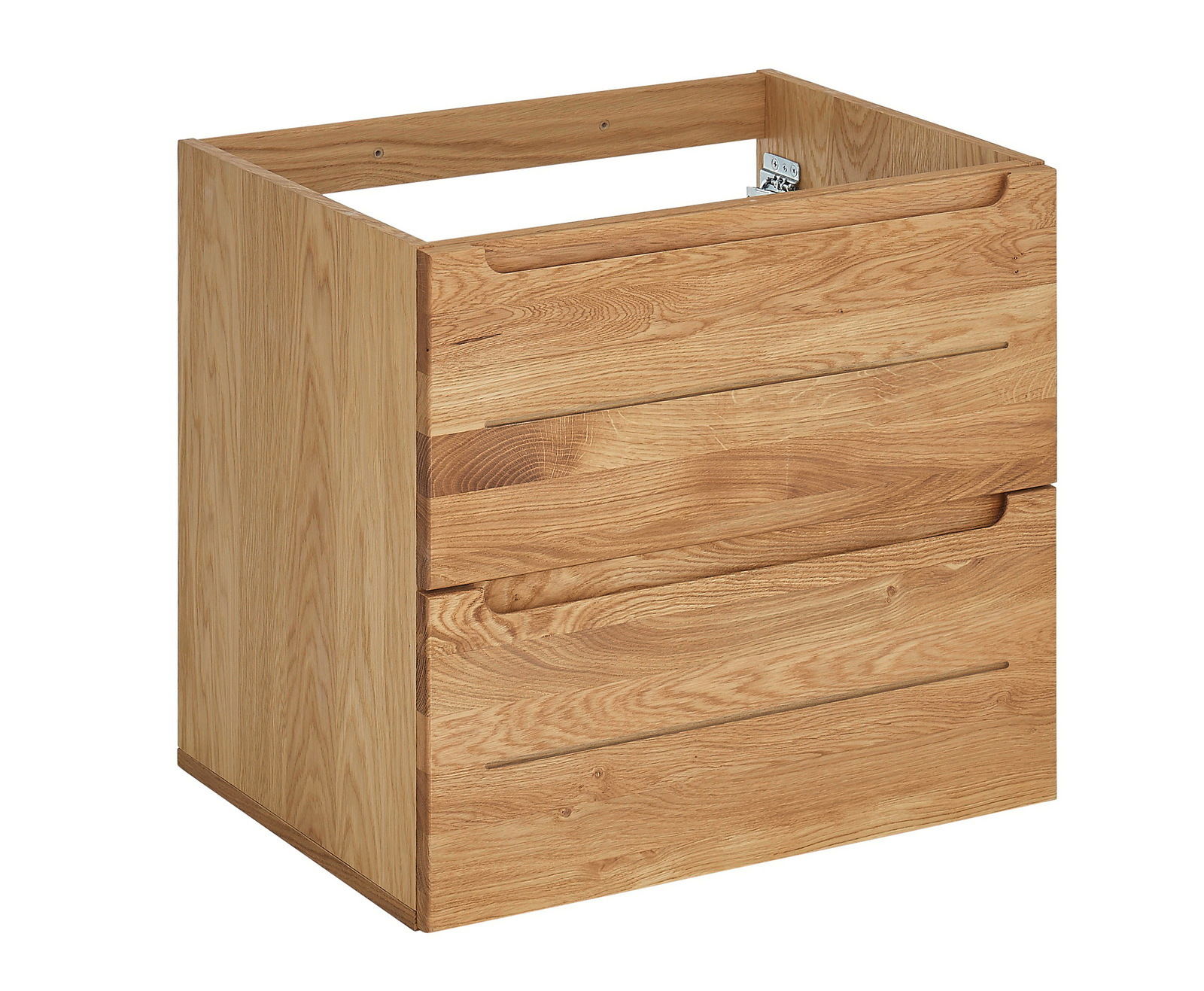 Waschtischunterschrank aus Holz mit zwei Schubladen, seitliche Perspektive