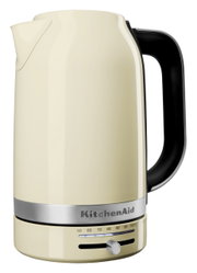 Seitliche Ansicht eines cremefarbenen Wasserkochers mit schwarzem Griff und Temperaturregler.