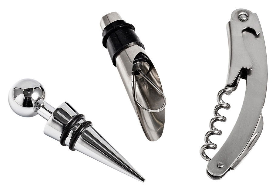 Wein-Set bestehend aus einem Korkenzieher, einem Flaschenverschluss und einem Weinausgießer, Ansicht von oben.