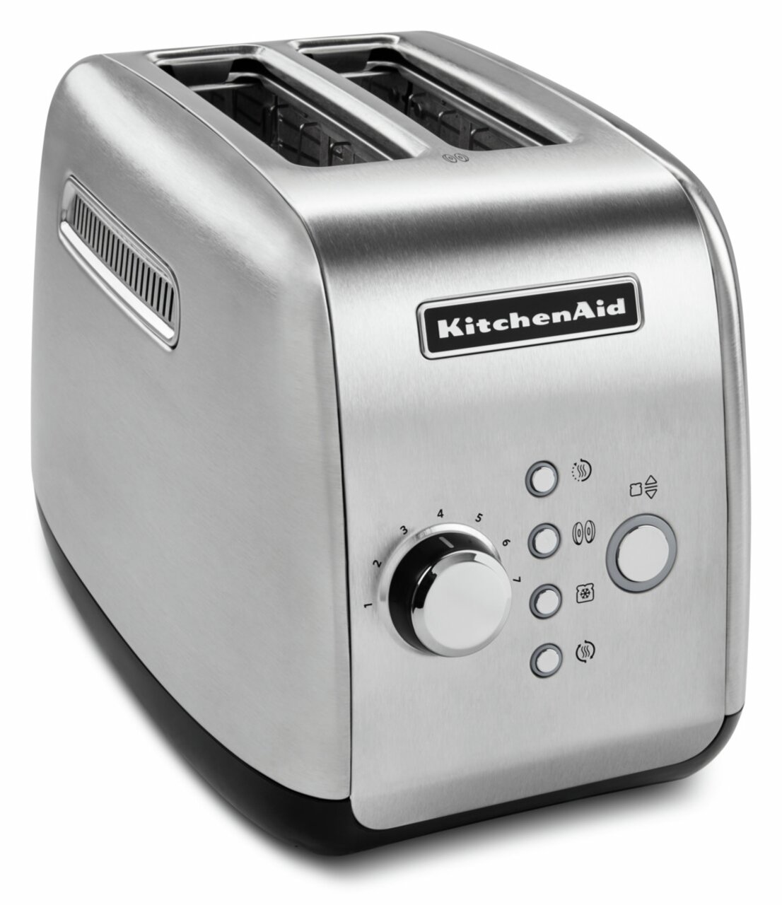 Silberner KitchenAid 2-Scheiben-Toaster mit Bedienelementen und seitlicher Perspektive