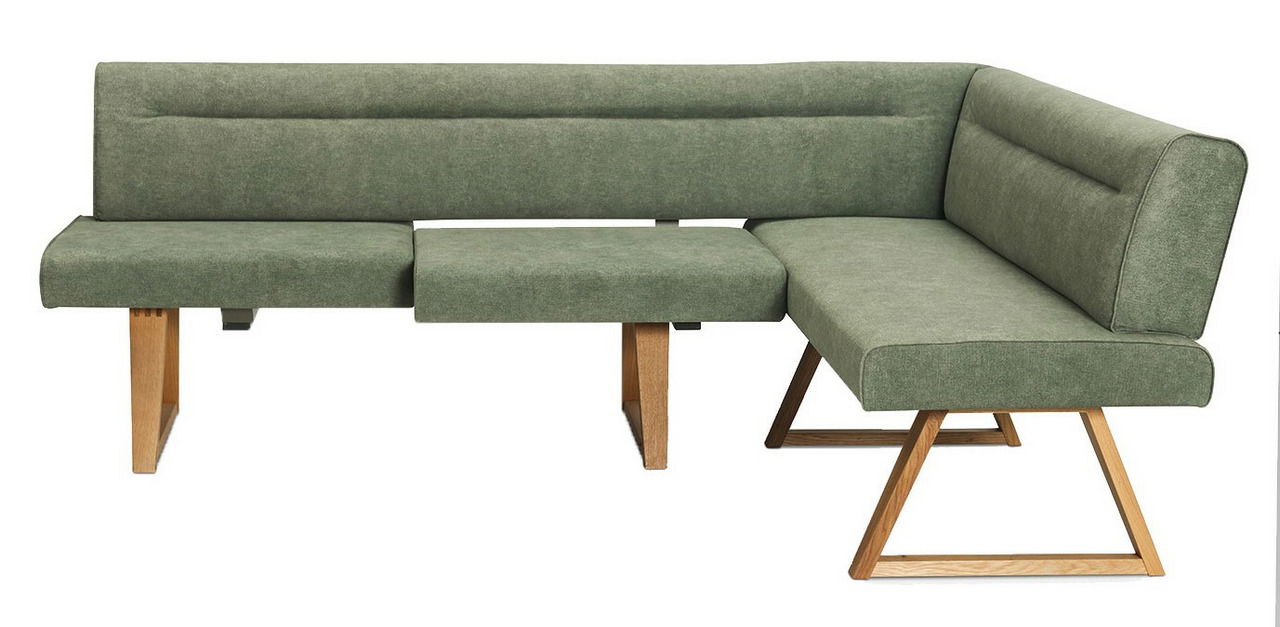 Grüne Eckbank mit Holzbeinen, seitliche Perspektive