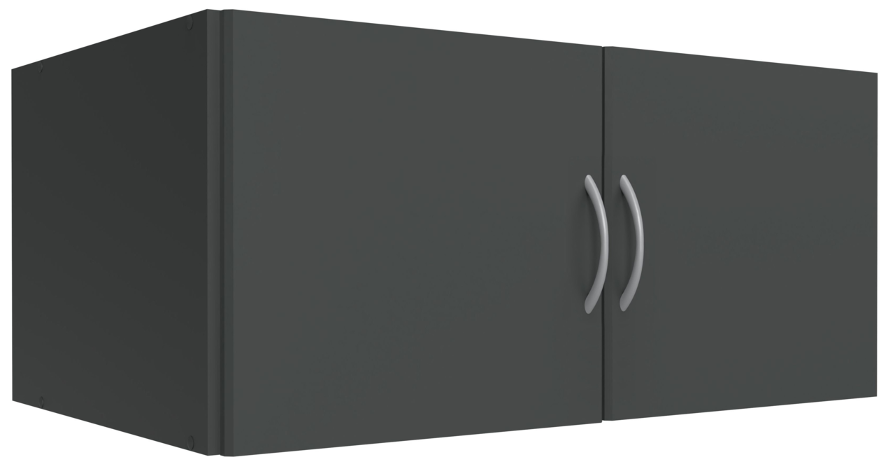 Hängeschrank in dunklem Grau mit zwei Türen und silbernen Griffen, seitliche Perspektive