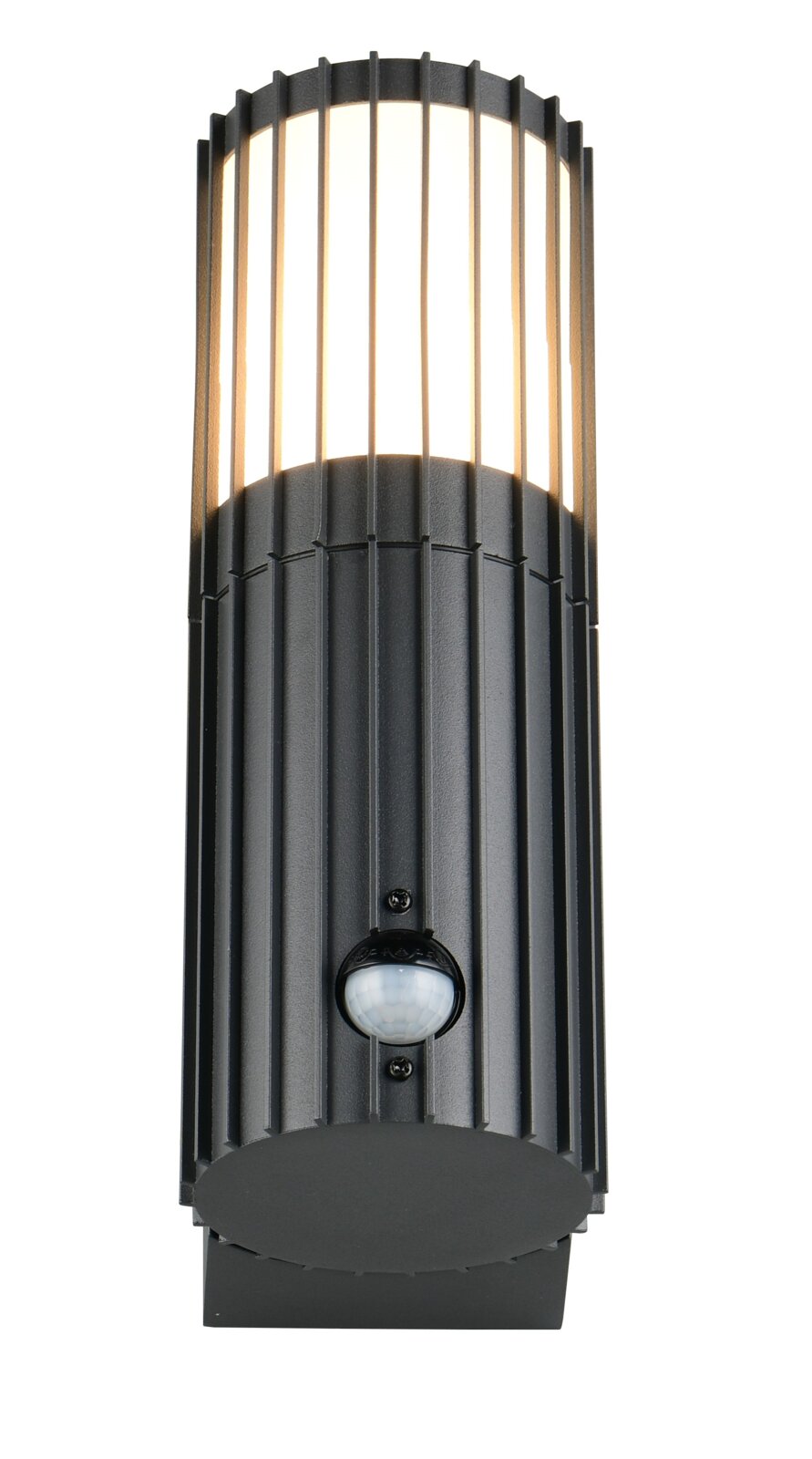 Moderne zwarte buitenwandlamp met verticale steunen en ingebouwde bewegingsmelder, afgebeeld van voren.