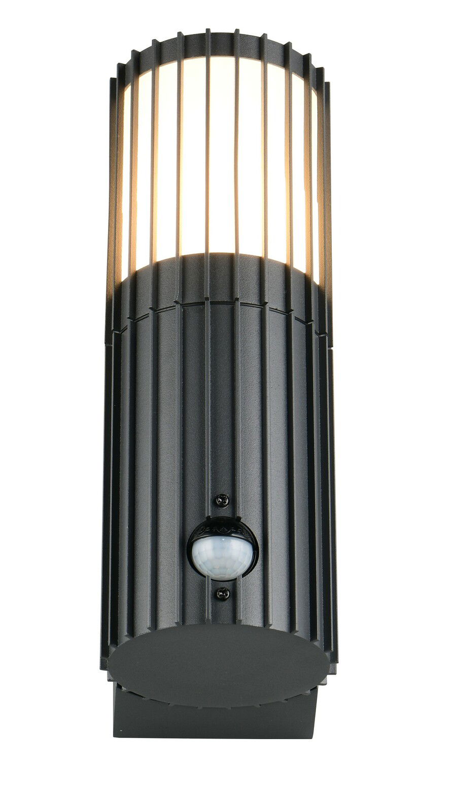 Moderne schwarze Außenwandleuchte mit vertikalen Streben und integriertem Bewegungsmelder, frontal abgebildet.