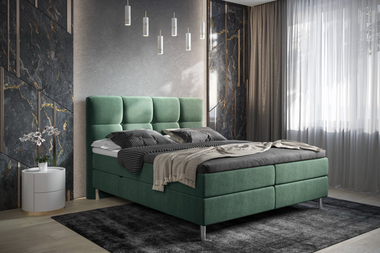 Grünes Boxbett in einem modernen Schlafzimmer mit eleganter Wandgestaltung und hängenden Lampen, seitliche Perspektive