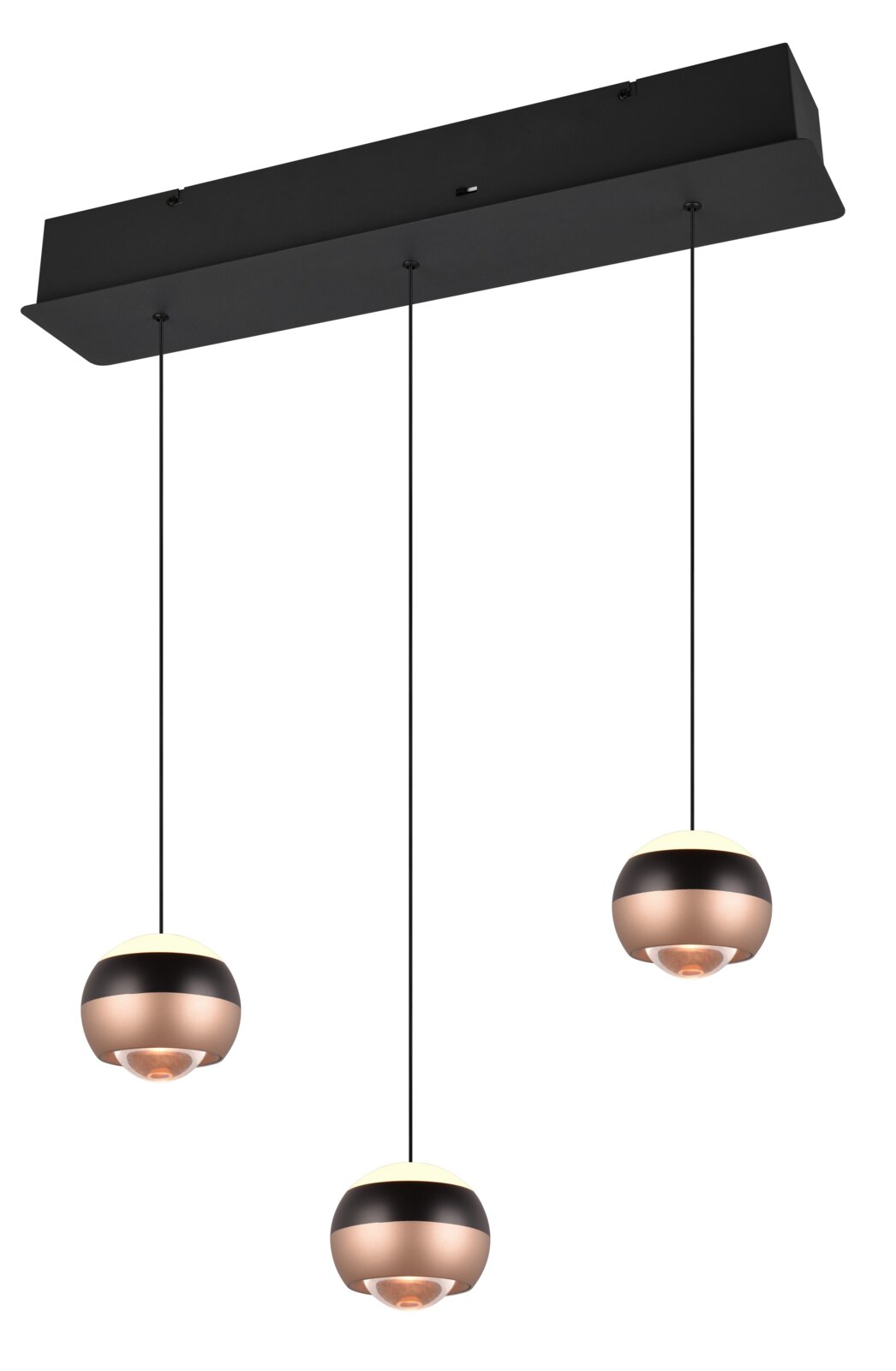 TRIO SELECT LED-Hängeleuchte ORBIT Moderne dreiflammige Pendelleuchte mit rechteckigem Baldachin in Schwarz, drei kugelförmigen Lampenschirmen in Schwarz und Kupfer/Champagner an langen Kabeln, freigestellt auf weißem Hintergrund, perspektivische Ansicht von schräg unten
