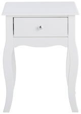 Weiße Nachtkonsole mit geschwungenen Beinen und einer Schublade, Frontalansicht