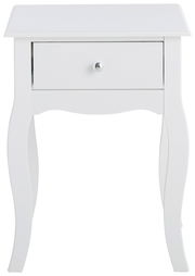 Weiße Nachtkonsole mit geschwungenen Beinen und einer Schublade, Frontalansicht