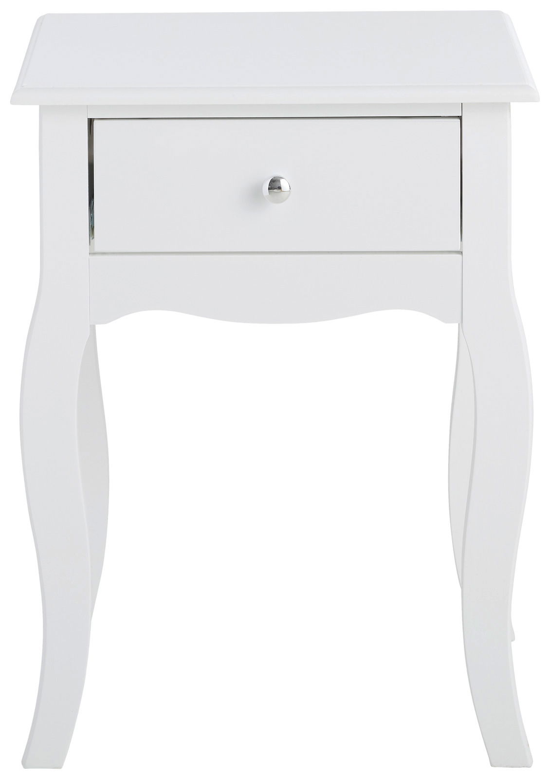 Weiße Nachtkonsole mit geschwungenen Beinen und einer Schublade, Frontalansicht