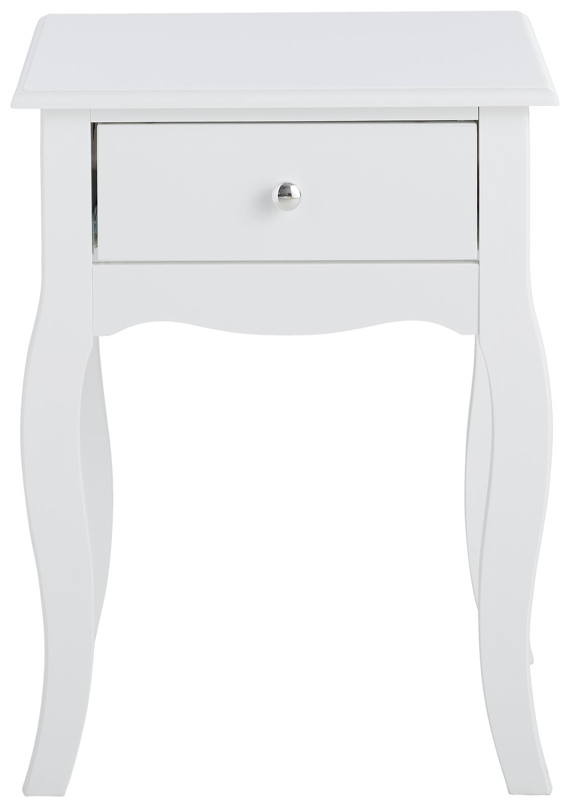 Weiße Nachtkonsole mit geschwungenen Beinen und einer Schublade, Frontalansicht
