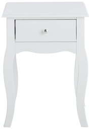 Weiße Nachtkonsole mit geschwungenen Beinen und einer Schublade, Frontalansicht