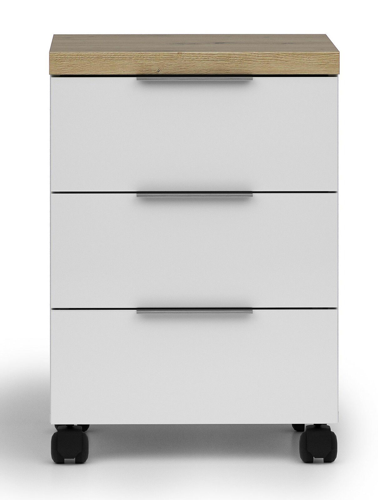 Rollcontainer mit drei Schubladen, Holzoberfläche und Rollen, Frontalansicht