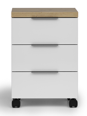 Rollcontainer mit drei Schubladen, Holzoberfläche und Rollen, Frontalansicht