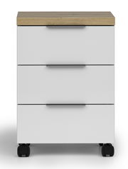 Rollcontainer mit drei Schubladen, Holzoberfläche und Rollen, Frontalansicht