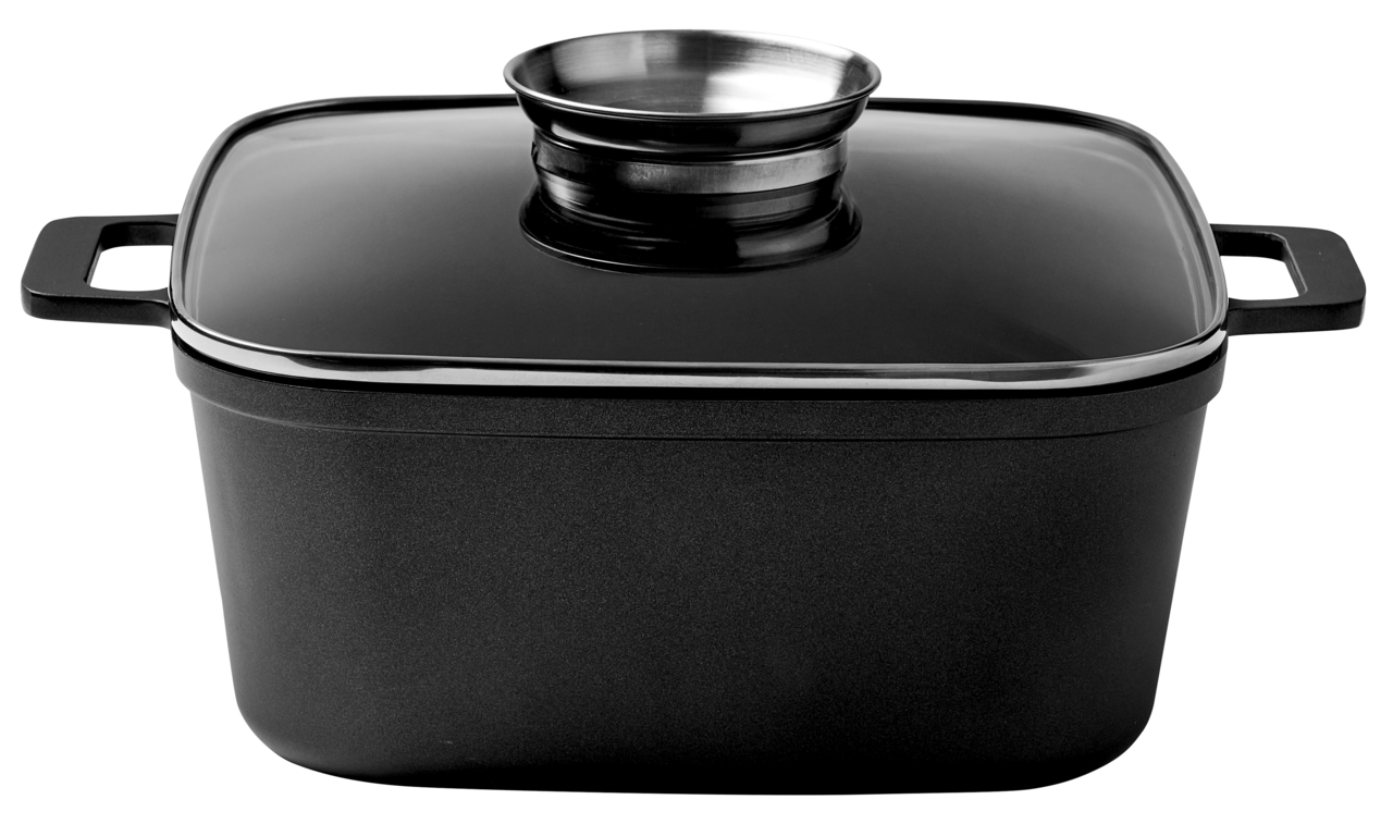 Quadratischer Alugussbräter mit Deckel und Griffen, seitliche Perspektive