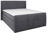 Graues Boxspringbett 140 mit gepolstertem Kopfteil, seitliche Perspektive