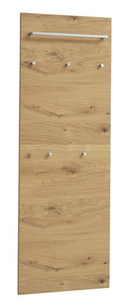 Garderobenpaneel aus Holz mit natürlicher Maserung, fünf Haken und einer Ablage, seitliche Perspektive