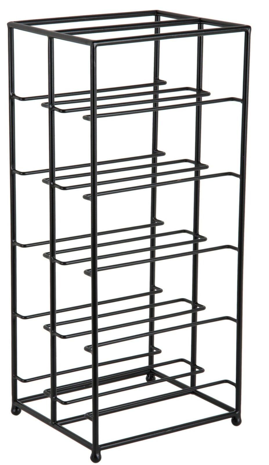 Schwarzes Metall-Weinregal mit mehreren Ebenen, seitliche Perspektive